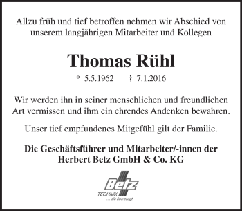 Traueranzeige von Thomas Rühl von  Kreisanzeiger