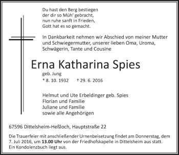 Traueranzeige von Erna Katharina Spies von Trauerportal Rhein Main Presse