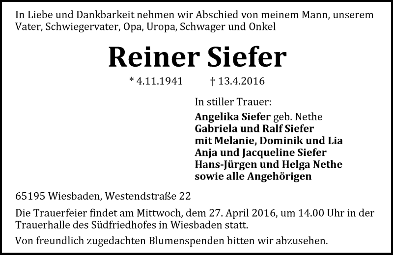  Traueranzeige für Reiner Siefer vom 23.04.2016 aus  Wiesbaden komplett