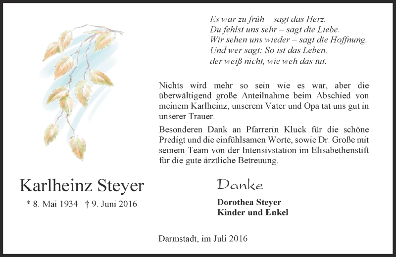  Traueranzeige für Karlheinz Steyer vom 09.07.2016 aus Trauerportal Echo Online