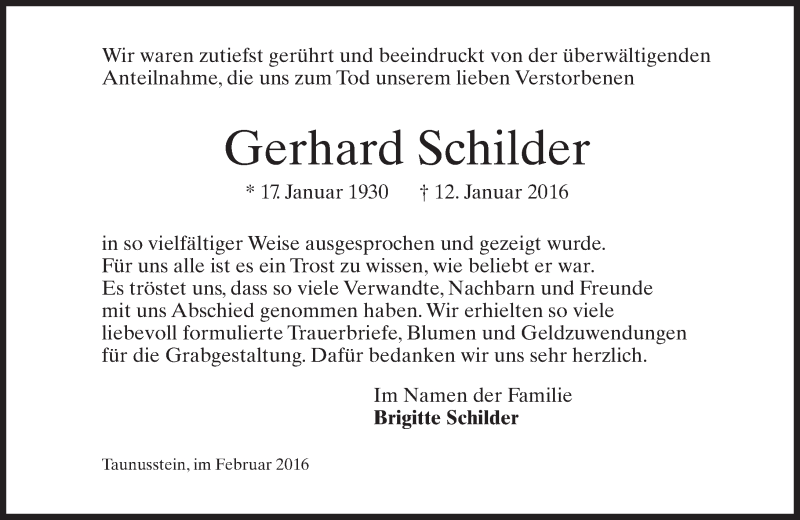  Traueranzeige für Gerhard Schilder vom 06.02.2016 aus  WK-UTA/Aar-Bote