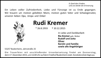 Traueranzeige von Rudi Kremer von  Allgemeine Zeitung Mainz