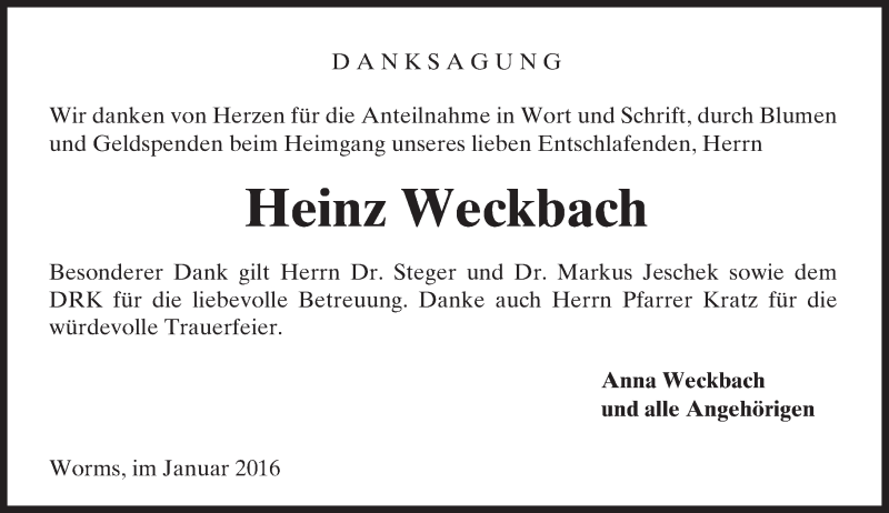  Traueranzeige für Heinz Weckbach vom 23.01.2016 aus  Wormser Zeitung