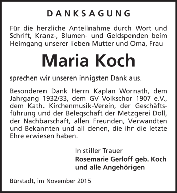 Traueranzeige von Maria Koch von  Bürstädter Zeitung