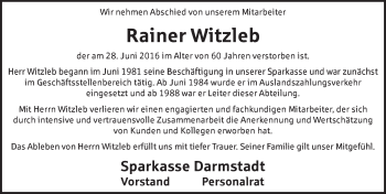 Traueranzeige von Rainer Witzleb von Trauerportal Echo Online