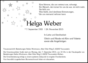 Traueranzeige von Helga Weber von  Wiesbaden komplett