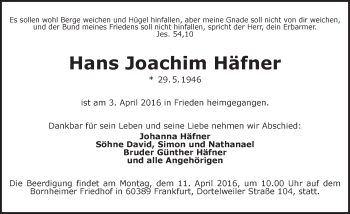 Traueranzeige von Hans Joachim Häfner von  Gießener Anzeiger