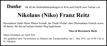 Traueranzeige von Nikolaus Franz Reitz von  Allgemeine Zeitung Mainz