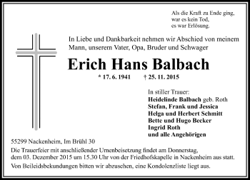 Traueranzeige von Erich Hans Balbach von  Allgemeine Zeitung Mainz