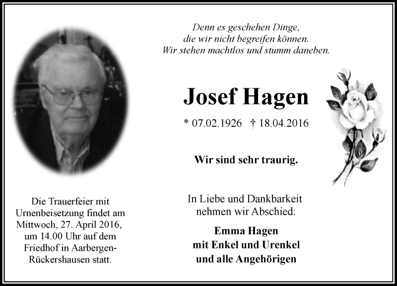  Traueranzeige für Josef Hagen vom 23.04.2016 aus  WK-UTA/Aar-Bote