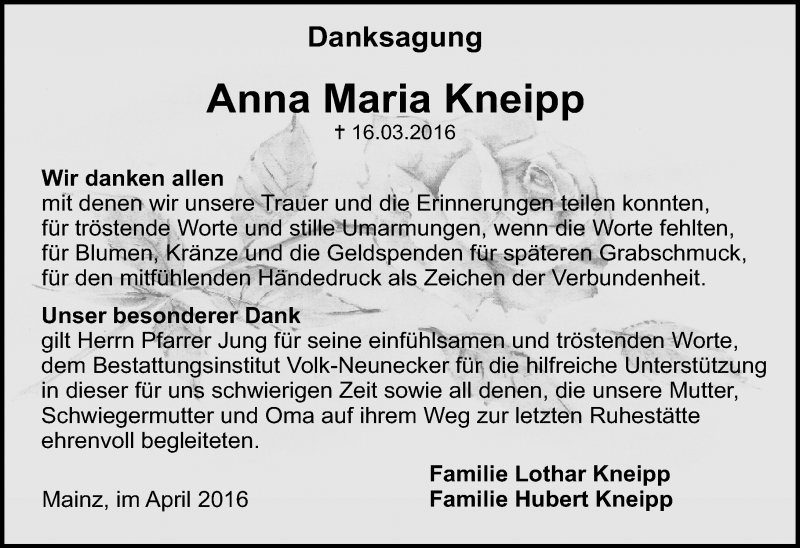  Traueranzeige für Anna Maria Kneipp vom 06.04.2016 aus  Allgemeine Zeitung Mainz