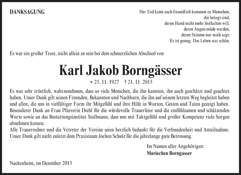  Traueranzeige für Karl Jakob Borngässer vom 21.12.2015 aus  Allgemeine Zeitung Mainz