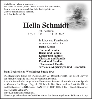 Traueranzeige von Hella Schmidt von  Allgemeine Zeitung Alzey