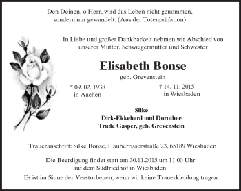 Traueranzeige von Elisabeth Bonse von  Wiesbaden komplett