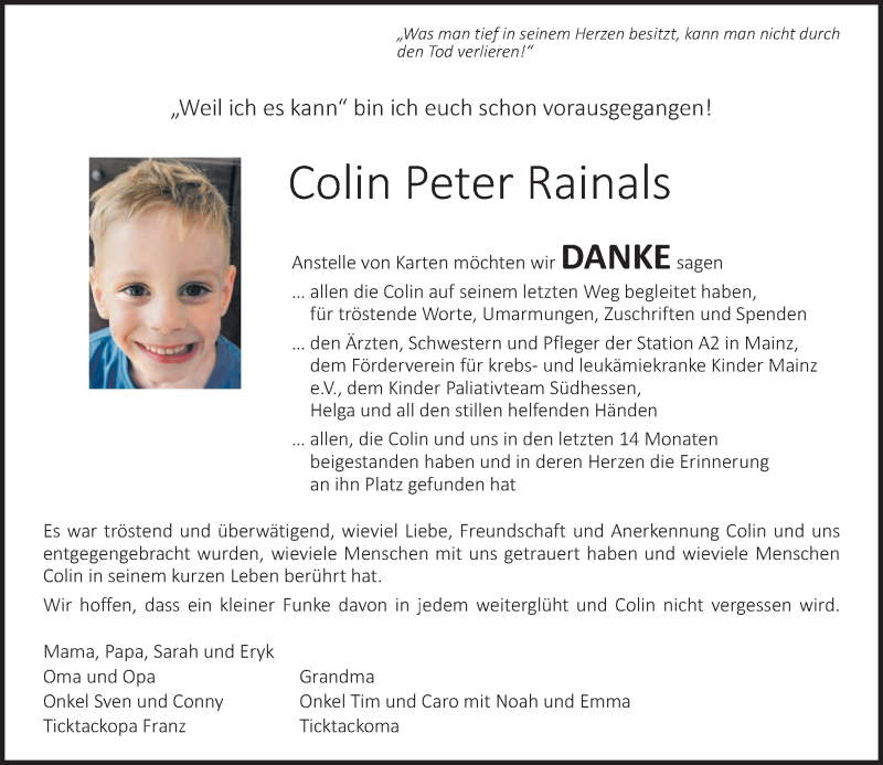  Traueranzeige für Colin Peter Rainals vom 09.07.2016 aus Trauerportal Echo Online