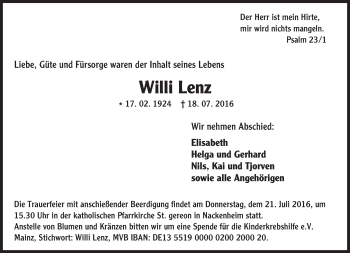 Traueranzeige von Willi Lenz von Trauerportal Rhein Main Presse