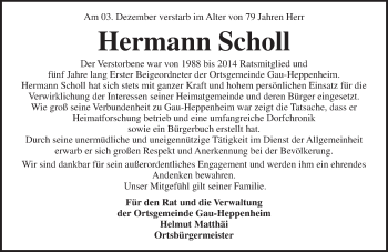 Traueranzeige von Hermann Scholl von  Allgemeine Zeitung Alzey
