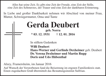 Traueranzeige von Gerda Deubert von  Allgemeine Zeitung Alzey