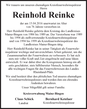 Traueranzeige von Reinhold Reinke von  Mainspitze