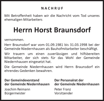 Traueranzeige von Horst Braunsdorf von  WK-UTA/Aar-Bote