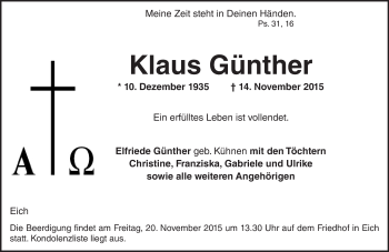 Traueranzeige von Klaus Günther von  Wormser Zeitung