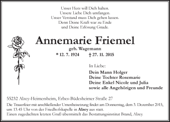 Traueranzeige von Annemarie Friemel von  Allgemeine Zeitung Alzey