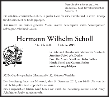 Traueranzeige von Hermann Wilhelm Scholl von  Allgemeine Zeitung Alzey