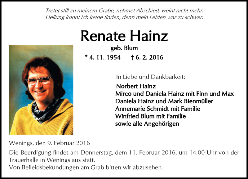  Traueranzeige für Renate Hainz vom 09.02.2016 aus  Kreisanzeiger