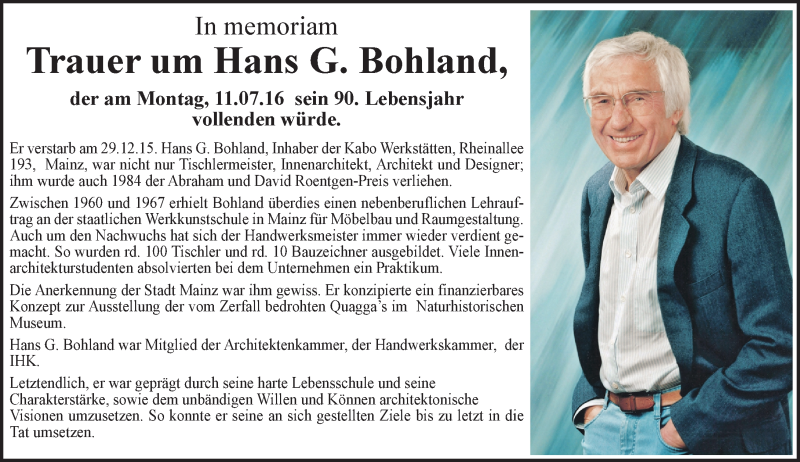  Traueranzeige für Hans G. Bohland vom 11.07.2016 aus Trauerportal Rhein Main Presse