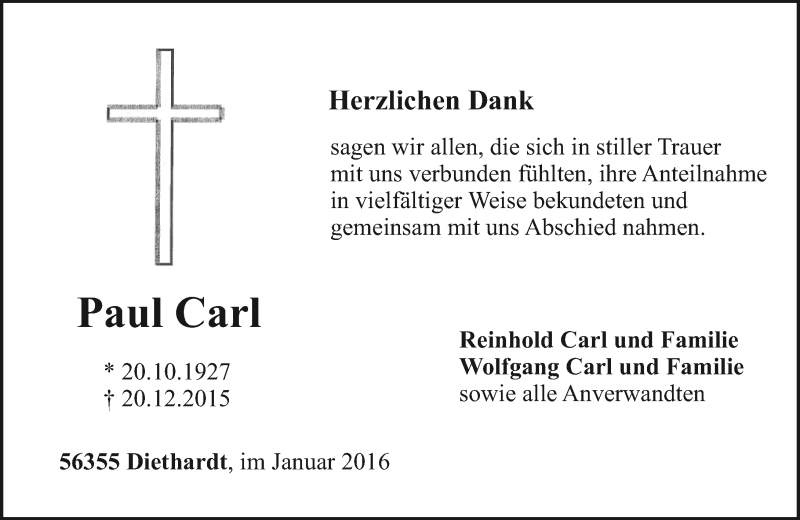  Traueranzeige für Paul Carl vom 09.01.2016 aus  Mainspitze