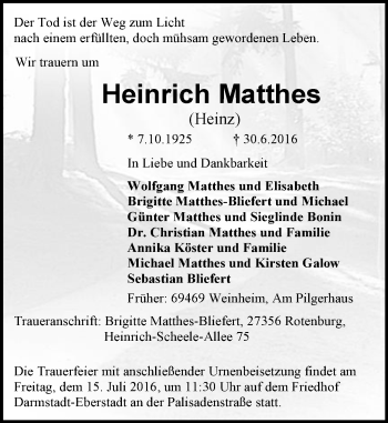 Traueranzeige von Heinrich Matthes von Trauerportal Echo Online