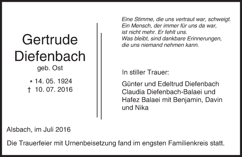  Traueranzeige für Gertrude Diefenbach vom 30.07.2016 aus Trauerportal Echo Online