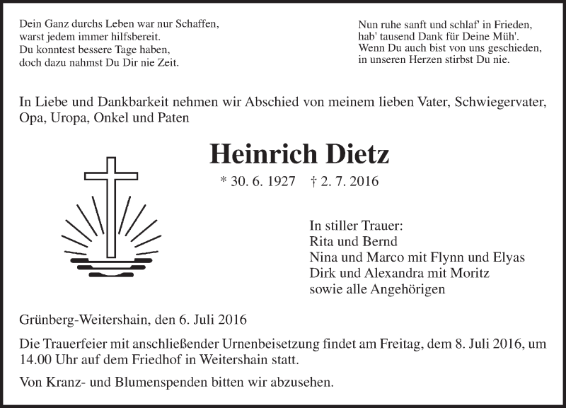  Traueranzeige für Heinrich Dietz vom 06.07.2016 aus  Gießener Anzeiger