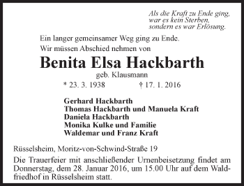 Traueranzeige von Benita Elsa Hackbarth von trauer.echo-online.de