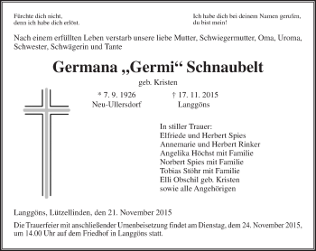 Traueranzeige von Germana Schnaubelt von  Gießener Anzeiger