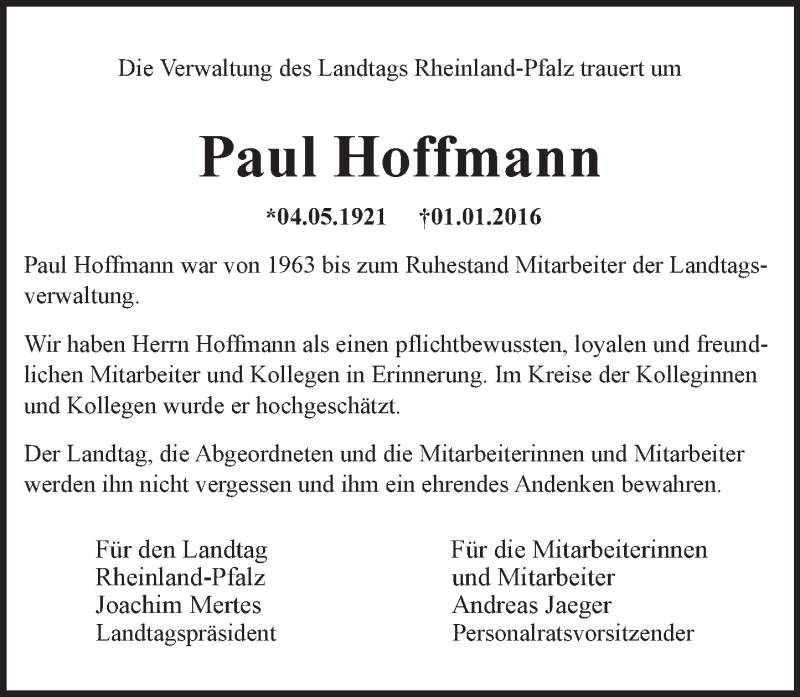  Traueranzeige für Paul Hoffmann vom 08.01.2016 aus trauer.rmp.de