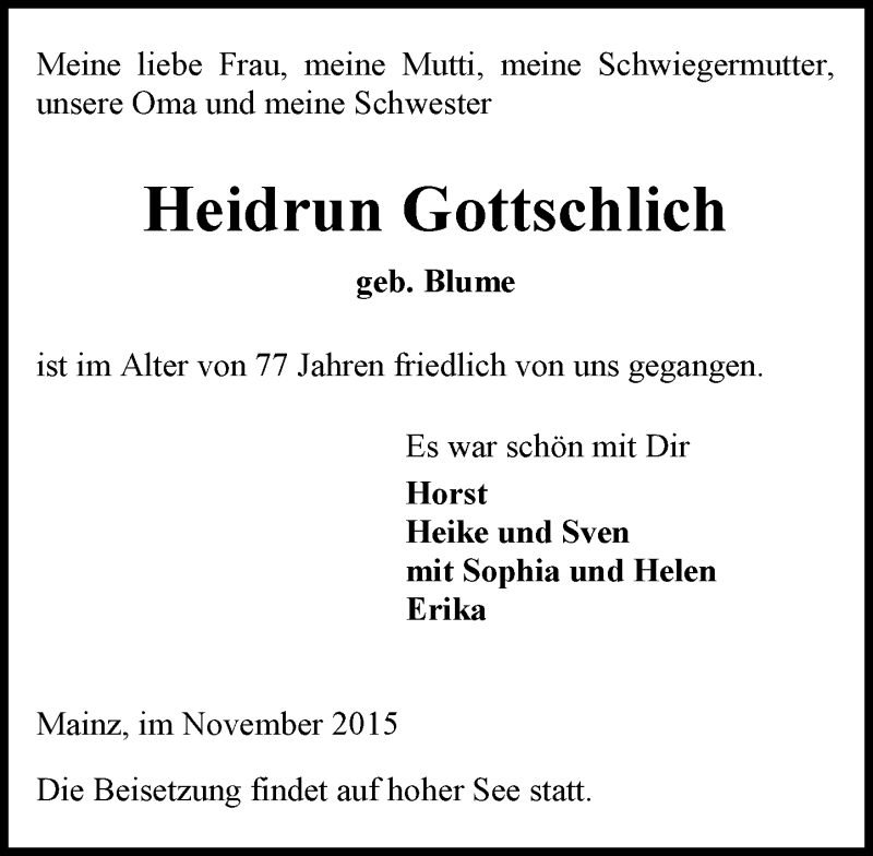  Traueranzeige für Heidrun Gottschlich vom 14.11.2015 aus  Allgemeine Zeitung Mainz