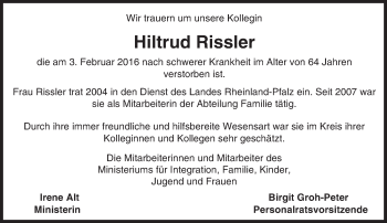 Traueranzeige von Hiltrud Rissler von trauer.rmp.de