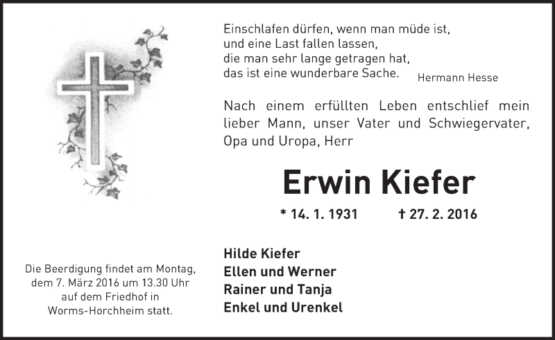  Traueranzeige für Erwin Kiefer vom 03.03.2016 aus  Wormser Zeitung