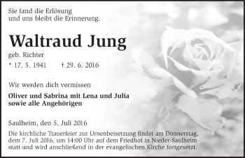 Traueranzeige von Waltraud Jung von Trauerportal Rhein Main Presse