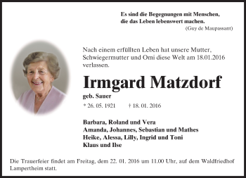 Traueranzeige von Irmgard Matzdorf von  Bürstädter Zeitung