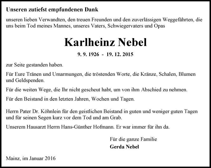  Traueranzeige für Karlheinz Nebel vom 09.01.2016 aus  Allgemeine Zeitung Mainz