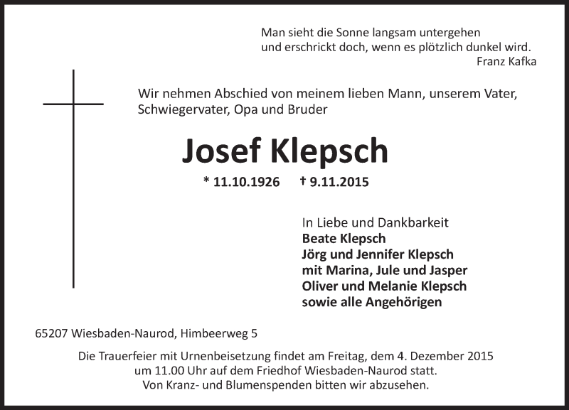  Traueranzeige für Josef Klepsch vom 14.11.2015 aus  Wiesbaden komplett