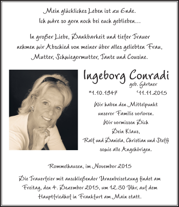 Traueranzeige von Ingeborg Conradi von  Kreisanzeiger