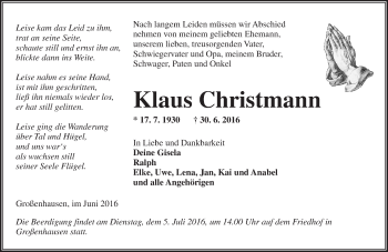 Traueranzeige von Klaus Christmann von  Gelnhäuser Tageblatt