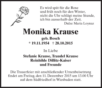 Traueranzeige von Monika Krause von  Wiesbaden komplett
