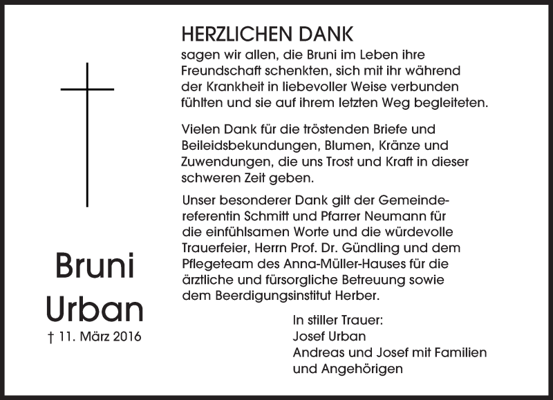  Traueranzeige für Bruni Urban vom 07.04.2016 aus  Camberger Anzeiger