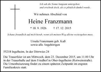 Traueranzeige von Heine Franzmann von  Allgemeine  Zeitung Ingelheim-Bingen