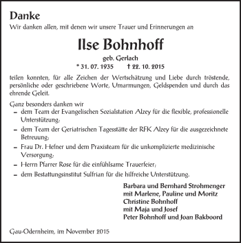 Traueranzeige von Ilse Bohnhoff von  Allgemeine Zeitung Alzey