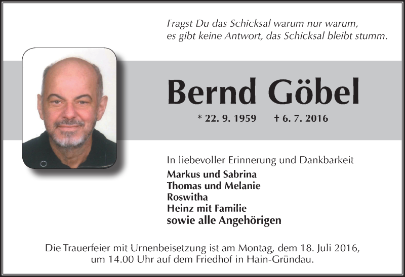  Traueranzeige für Bernd Göbel vom 13.07.2016 aus  GT Extra